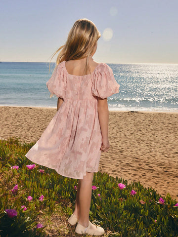 Young Girl's Summer Design Lantern Sleeve Vintage Textured Floral Embroidery Pink Cute Sweet Vacation Casual Loose Comfortable Dress