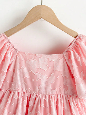 Young Girl's Summer Design Lantern Sleeve Vintage Textured Floral Embroidery Pink Cute Sweet Vacation Casual Loose Comfortable Dress