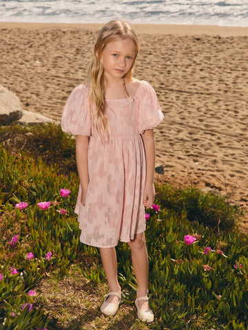 Young Girl's Summer Design Lantern Sleeve Vintage Textured Floral Embroidery Pink Cute Sweet Vacation Casual Loose Comfortable Dress