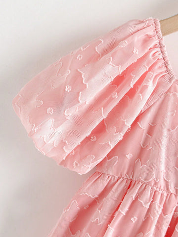 Young Girl's Summer Design Lantern Sleeve Vintage Textured Floral Embroidery Pink Cute Sweet Vacation Casual Loose Comfortable Dress