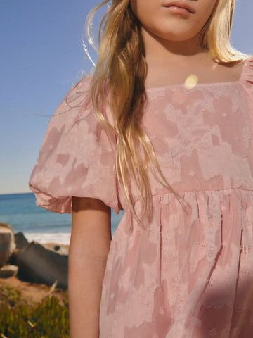 Young Girl's Summer Design Lantern Sleeve Vintage Textured Floral Embroidery Pink Cute Sweet Vacation Casual Loose Comfortable Dress