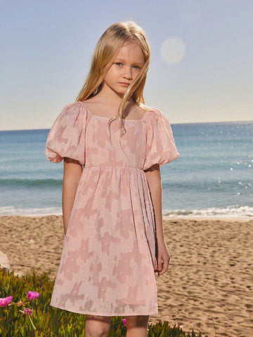 Young Girl's Summer Design Lantern Sleeve Vintage Textured Floral Embroidery Pink Cute Sweet Vacation Casual Loose Comfortable Dress