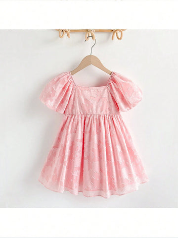 Young Girl's Summer Design Lantern Sleeve Vintage Textured Floral Embroidery Pink Cute Sweet Vacation Casual Loose Comfortable Dress