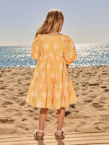 Young Girls' Yellow Printed Lantern Sleeve Loose Casual Resort Midi Dress, Spring/Summer