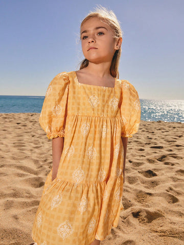 Young Girls' Yellow Printed Lantern Sleeve Loose Casual Resort Midi Dress, Spring/Summer