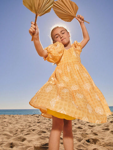 Young Girls' Yellow Printed Lantern Sleeve Loose Casual Resort Midi Dress, Spring/Summer