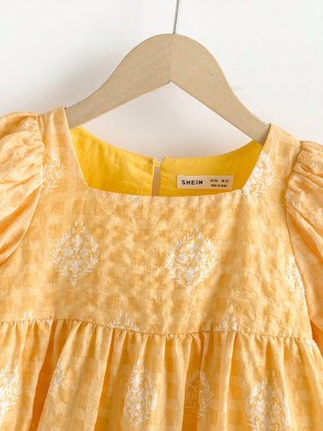 Young Girls' Yellow Printed Lantern Sleeve Loose Casual Resort Midi Dress, Spring/Summer