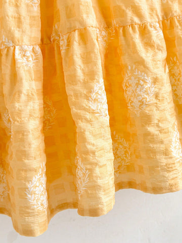 Young Girls' Yellow Printed Lantern Sleeve Loose Casual Resort Midi Dress, Spring/Summer