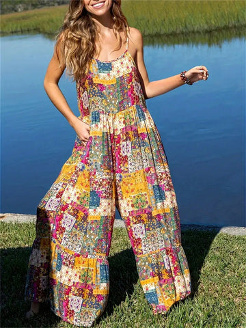 Loose-Fit Patchwork Printed Wide Leg Jumpsuit With Ruffle Hem For Casual Wear