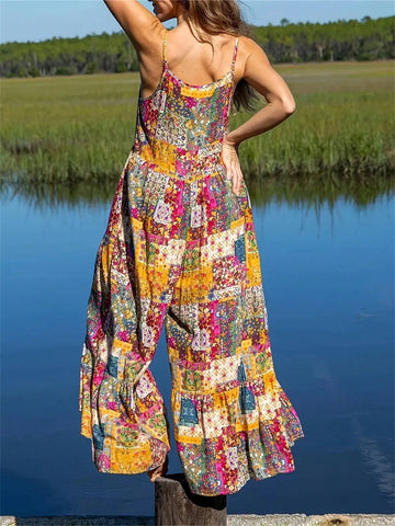 Loose-Fit Patchwork Printed Wide Leg Jumpsuit With Ruffle Hem For Casual Wear