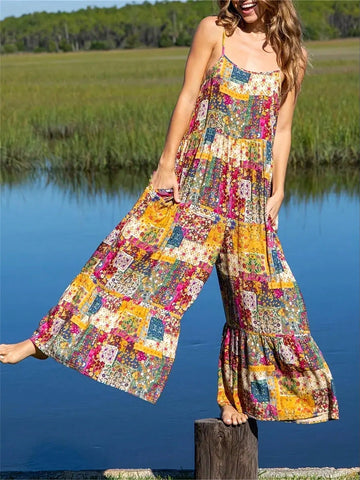Loose-Fit Patchwork Printed Wide Leg Jumpsuit With Ruffle Hem For Casual Wear