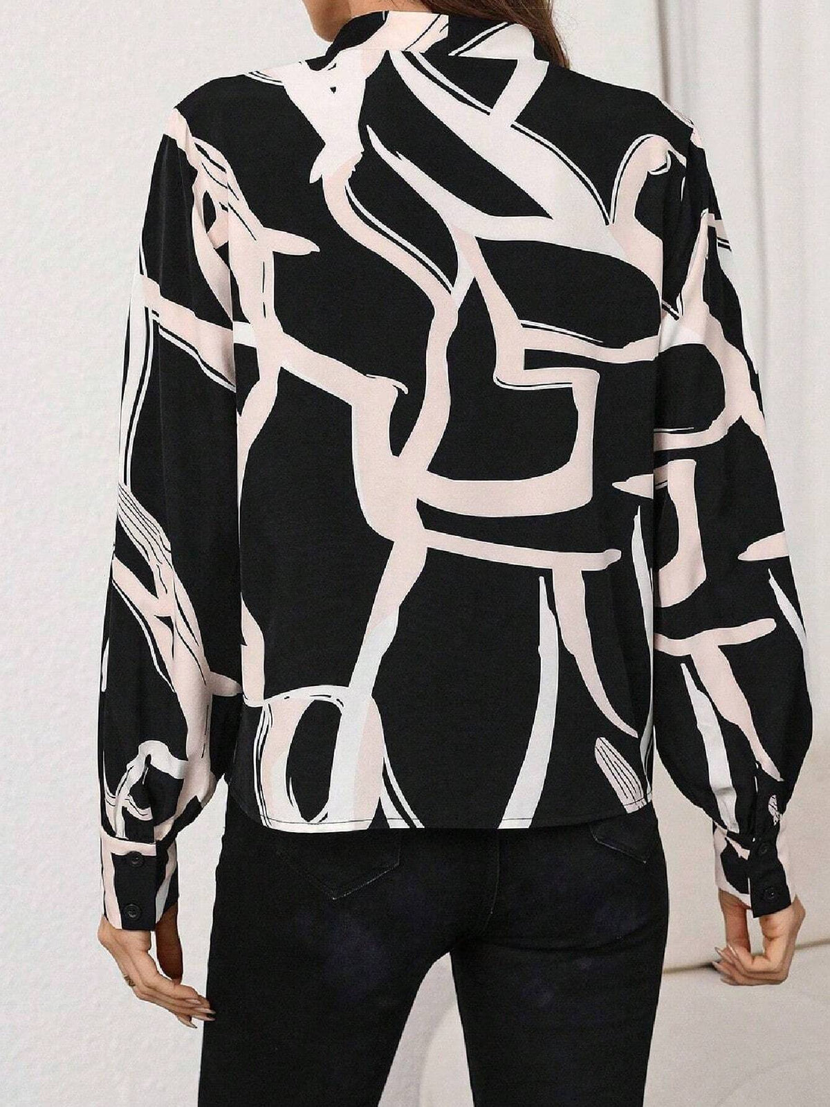 Loose Elegant Printed V-Neck Casual Pullover Women Blouse, Spring Autumn