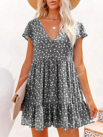 Loose Fit Casual Short Sleeve Button Up Dress With Ditsy Floral For Women