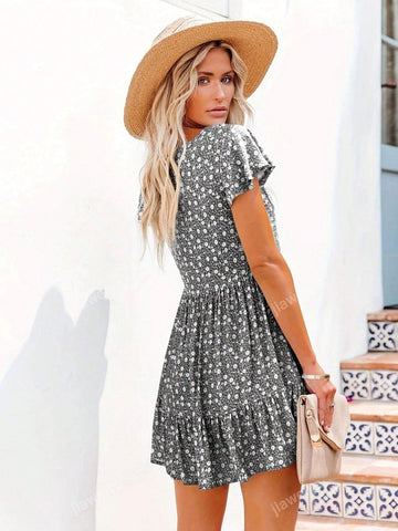 Loose Fit Casual Short Sleeve Button Up Dress With Ditsy Floral For Women