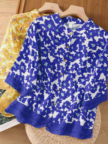 Loose Fit Summer Casual Vintage Floral Print Patchwork Shirt
