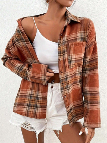 Loose Plaid Long Sleeve Casual Shirt With Drop Shoulder Design