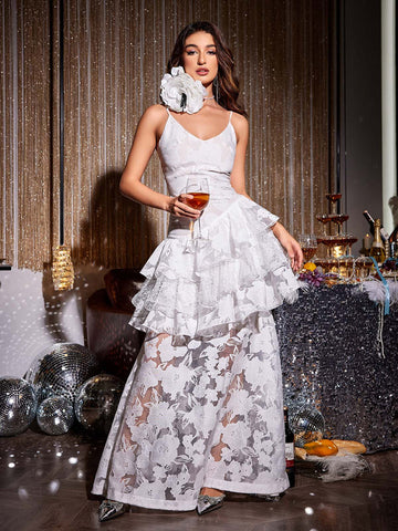 Loursa Floral Tiered Lace Maxi Dress With Choker