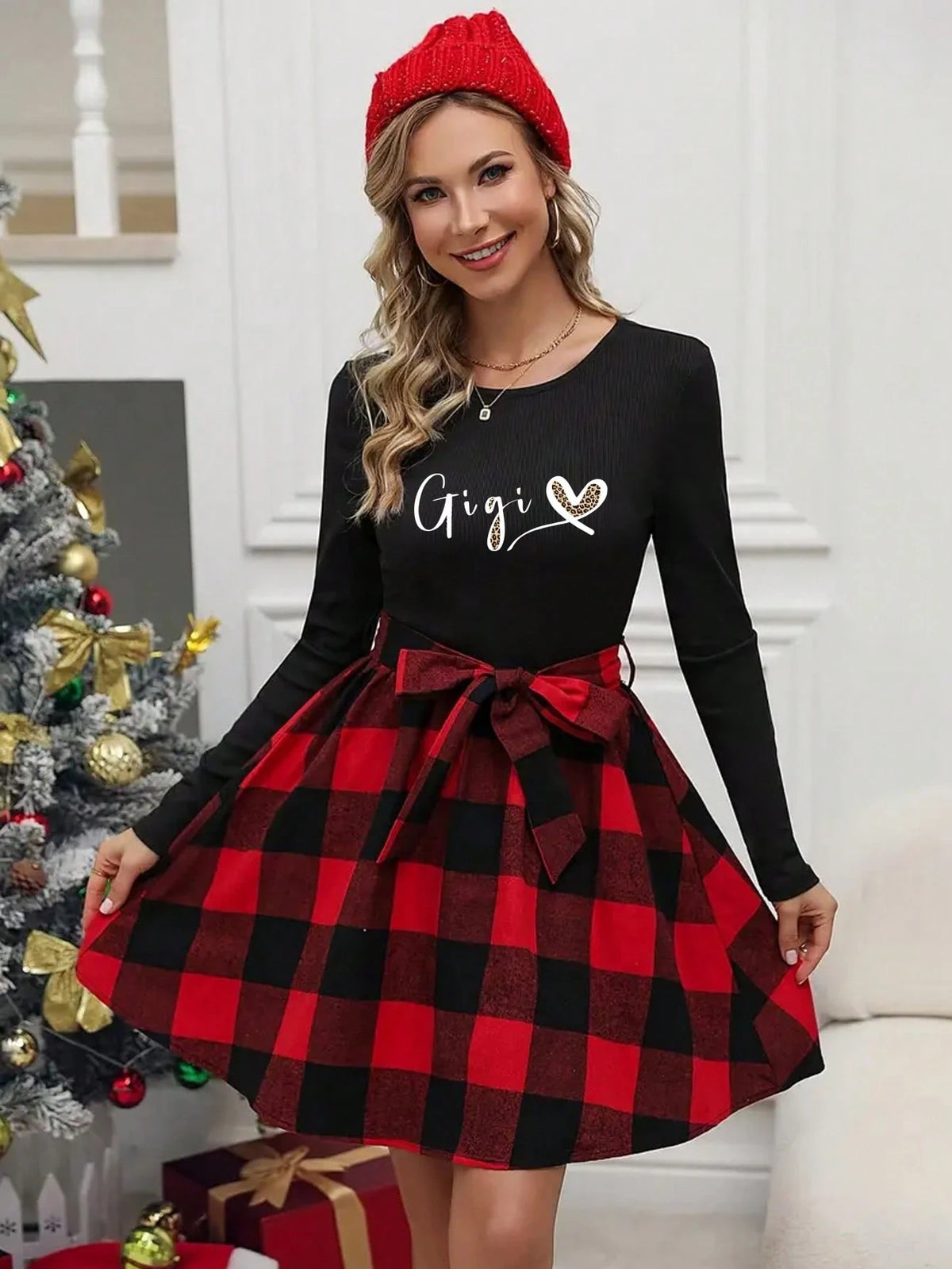 Love Leopard Print Pattern, Casual Round Neck Long Sleeve Dress, Autumn Women's Clothing