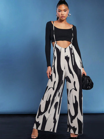Love Sadie Graphic Print Wide Leg Suspender Jumpsuit Without Tee