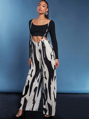 Love Sadie Graphic Print Wide Leg Suspender Jumpsuit Without Tee