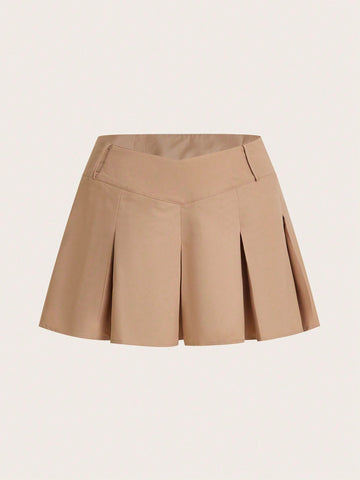 Low V-Cut Wide Waist Pleated Skirt