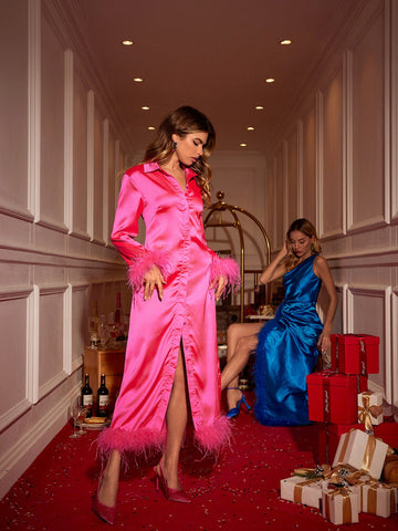 Lucien Feather Satin Shirt Dress