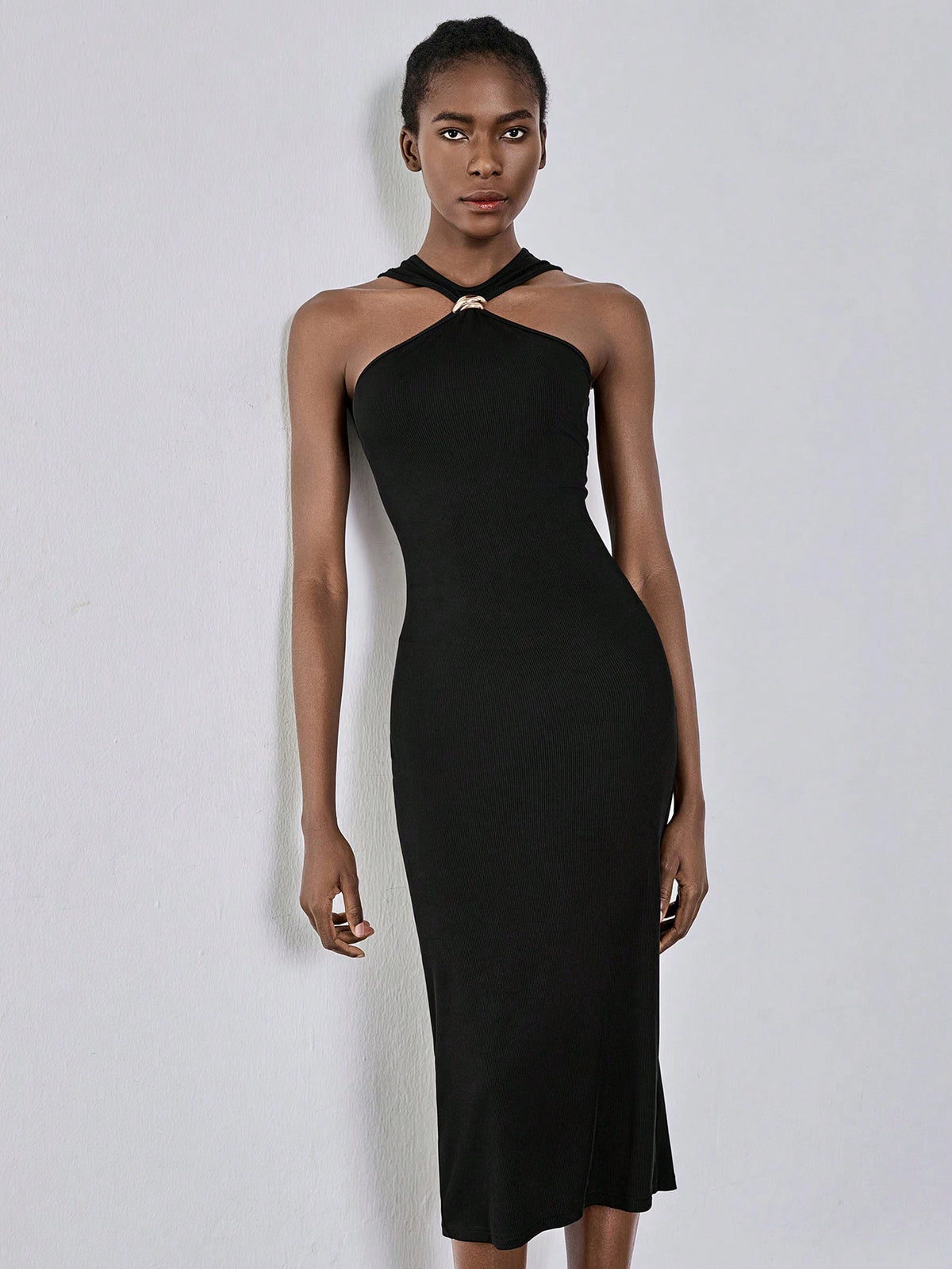 Lumivelle 1.Black Metal Decorative Women Dress, Black Bodycon Pencil Dress, Sexy Split Hem Dress