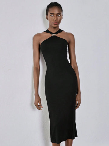 Lumivelle 1.Black Metal Decorative Women Dress, Black Bodycon Pencil Dress, Sexy Split Hem Dress