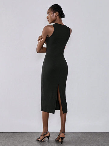 Lumivelle 1.Black Metal Decorative Women Dress, Black Bodycon Pencil Dress, Sexy Split Hem Dress
