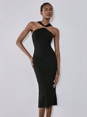 Lumivelle 1.Black Metal Decorative Women Dress, Black Bodycon Pencil Dress, Sexy Split Hem Dress