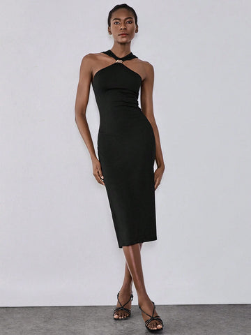 Lumivelle 1.Black Metal Decorative Women Dress, Black Bodycon Pencil Dress, Sexy Split Hem Dress