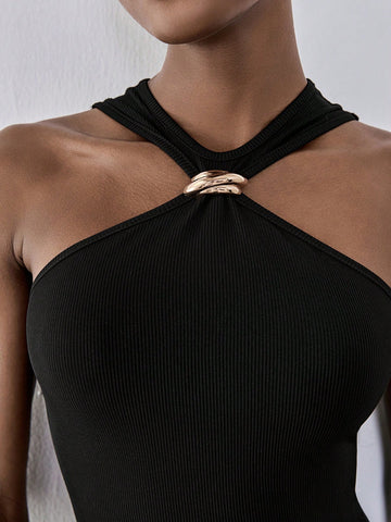 Lumivelle 1.Black Metal Decorative Women Dress, Black Bodycon Pencil Dress, Sexy Split Hem Dress