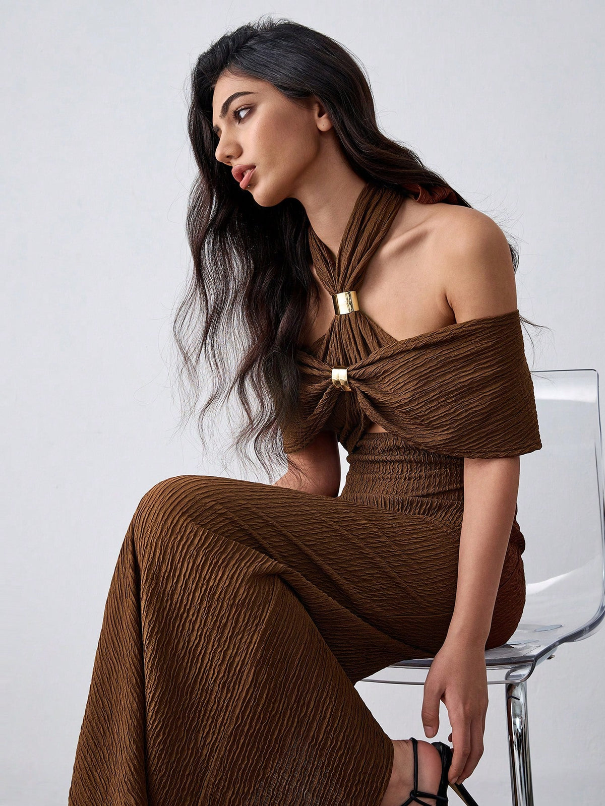 Lumivelle Coffee Color Bodycon Waist Seductive Metal Decor Dress