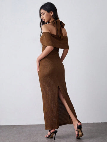 Lumivelle Coffee Color Bodycon Waist Seductive Metal Decor Dress