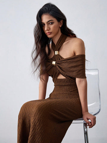 Lumivelle Coffee Color Bodycon Waist Seductive Metal Decor Dress