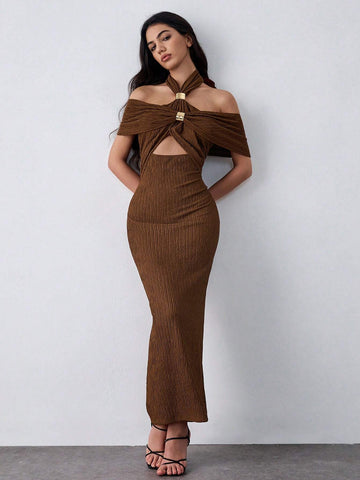 Lumivelle Coffee Color Bodycon Waist Seductive Metal Decor Dress