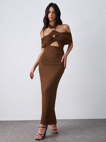 Lumivelle Coffee Color Bodycon Waist Seductive Metal Decor Dress