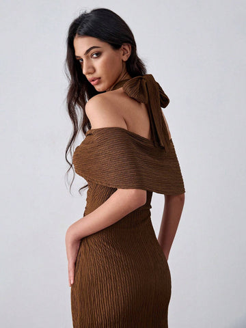 Lumivelle Coffee Color Bodycon Waist Seductive Metal Decor Dress