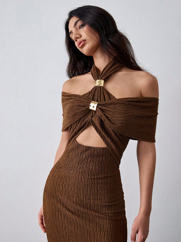 Lumivelle Coffee Color Bodycon Waist Seductive Metal Decor Dress