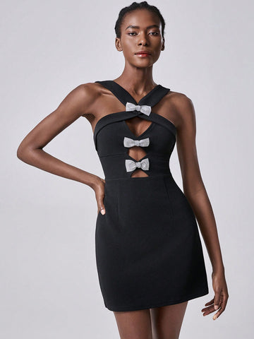 Lumivelle Knitted Texture Front Cutout Bow Accent Women Party Dress, Black Dress, Bow Dress