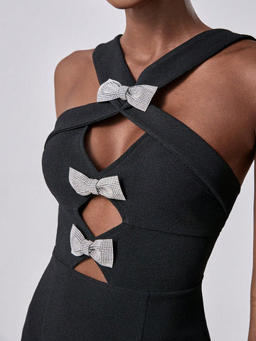 Lumivelle Knitted Texture Front Cutout Bow Accent Women Party Dress, Black Dress, Bow Dress