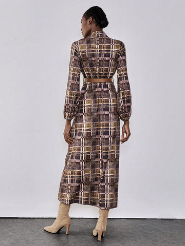 Lumivelle Plaid Fabric Multi-Color Combination V-Neck Long Sleeve Tie Bow Lantern Sleeve Slit To Thigh Belt Waisted Big A-Line Elegant Casual Sexy Bohemian Commuter Dress, Spring & Autumn