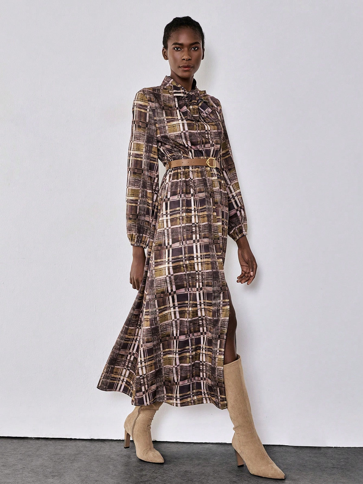 Lumivelle Plaid Fabric Multi-Color Combination V-Neck Long Sleeve Tie Bow Lantern Sleeve Slit To Thigh Belt Waisted Big A-Line Elegant Casual Sexy Bohemian Commuter Dress, Spring & Autumn