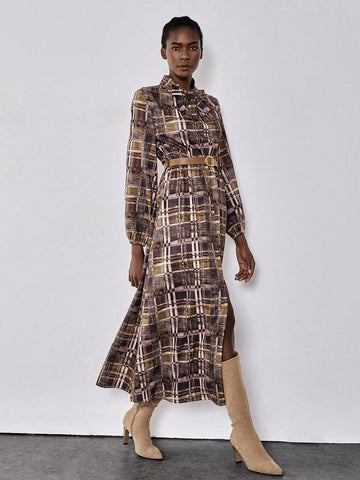 Lumivelle Plaid Fabric Multi-Color Combination V-Neck Long Sleeve Tie Bow Lantern Sleeve Slit To Thigh Belt Waisted Big A-Line Elegant Casual Sexy Bohemian Commuter Dress, Spring & Autumn