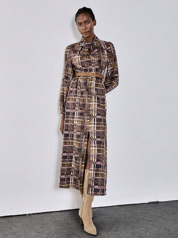 Lumivelle Plaid Fabric Multi-Color Combination V-Neck Long Sleeve Tie Bow Lantern Sleeve Slit To Thigh Belt Waisted Big A-Line Elegant Casual Sexy Bohemian Commuter Dress, Spring & Autumn