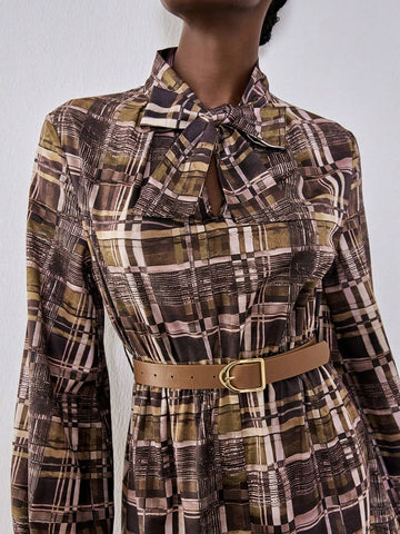 Lumivelle Plaid Fabric Multi-Color Combination V-Neck Long Sleeve Tie Bow Lantern Sleeve Slit To Thigh Belt Waisted Big A-Line Elegant Casual Sexy Bohemian Commuter Dress, Spring & Autumn