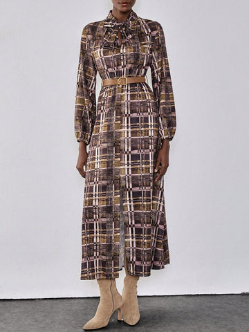 Lumivelle Plaid Fabric Multi-Color Combination V-Neck Long Sleeve Tie Bow Lantern Sleeve Slit To Thigh Belt Waisted Big A-Line Elegant Casual Sexy Bohemian Commuter Dress, Spring & Autumn