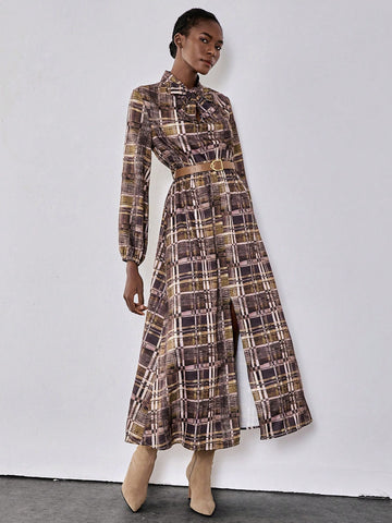 Lumivelle Plaid Fabric Multi-Color Combination V-Neck Long Sleeve Tie Bow Lantern Sleeve Slit To Thigh Belt Waisted Big A-Line Elegant Casual Sexy Bohemian Commuter Dress, Spring & Autumn
