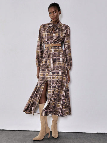 Lumivelle Plaid Fabric Multi-Color Combination V-Neck Long Sleeve Tie Bow Lantern Sleeve Slit To Thigh Belt Waisted Big A-Line Elegant Casual Sexy Bohemian Commuter Dress, Spring & Autumn