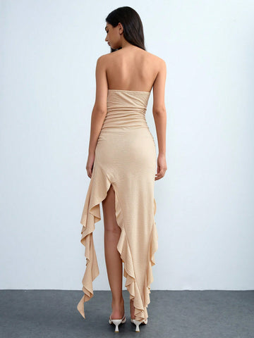 Lumivelle Plaid Knitted Solid Color Fitted Slit High Thigh Collar Ruffle Puff Waist Dress, Elegant Sexy Women's Extra Long Dress For Parties, Dates, Spring/Summer Y2K Style